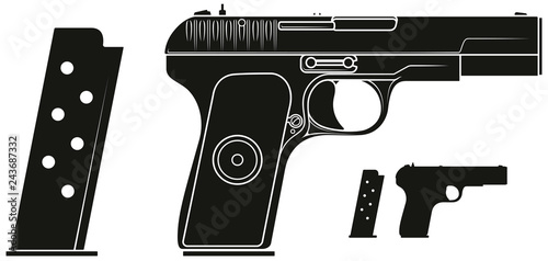 Graphic black and white detailed silhouette handgun pistol with ammo clip. Isolated on white background. Vector icon set. Vol. 5