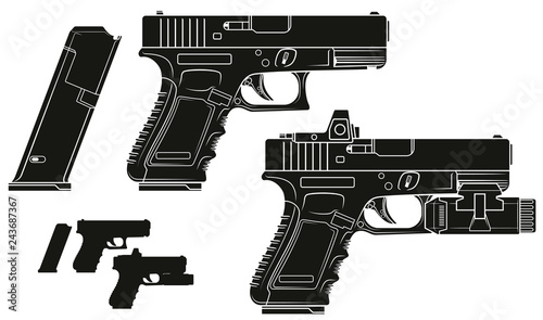 Graphic black and white detailed silhouette handgun pistol with ammo clip and flashlight. Isolated on white background. Vector icon set. Vol. 6