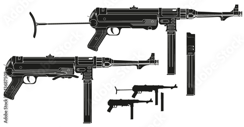 Graphic black and white detailed silhouette old retro submachine gun with ammo clip and rifle butt. Isolated on white background. Vector icon set. Vol. 4