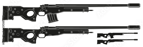 Graphic black and white detailed silhouette sniper rifle with ammo clip and silencer. Isolated on white background. Vector icon set.
