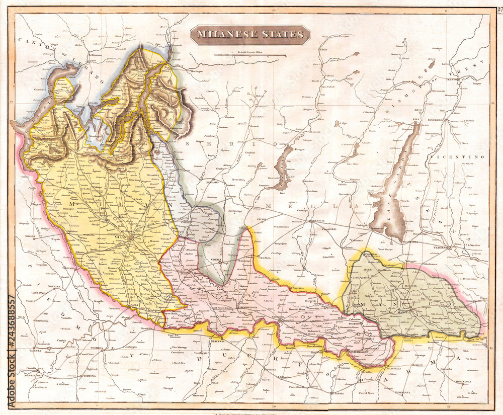 Fototapeta premium 1815, Thomson Map of the Milanese States, Milan, Mantua, Alto Po , Italy, John Thomson, 1777 - 1840, was a Scottish cartographer from Edinburgh, UK