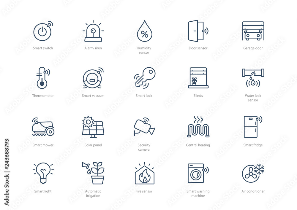 Set of stroke smart home icons isolated on light background. Contains such icons Smart lock, Thermometer, Garage door, Air conditioner, Smart vacuum cleaner and more. - obrazy, fototapety, plakaty 