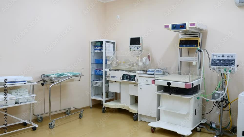Long shot of a room with devices in maternity clinic to sustain life of infants. Healthcare centre with maternity ward. 4k