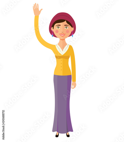 Flat happy jewish woman waving hand vector cartoon isolated on white
