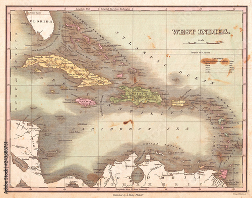 1827, Finley Map of the West Indies, Caribbean, and Antilles, Anthony Finley mapmaker of the United States in the 19th century photo