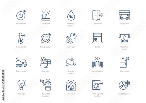 Set of stroke smart home icons isolated on light background. Contains such icons Smart lock, Thermometer, Garage door, Air conditioner, Smart vacuum cleaner and more.