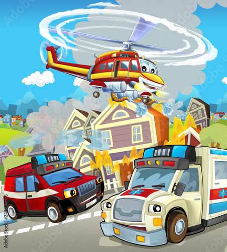 cartoon stage with different machines for firefighting and ambulance colorful and cheerful scene