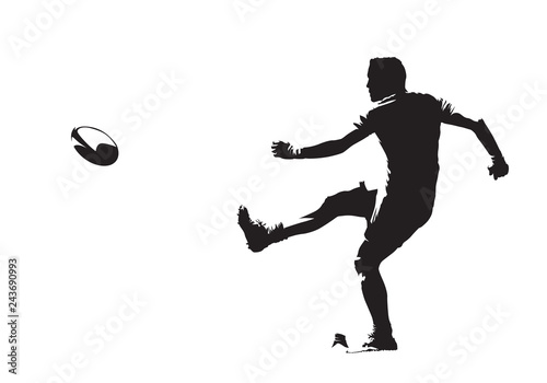 Rugby player kicking ball, side view, isolated vector silhouette