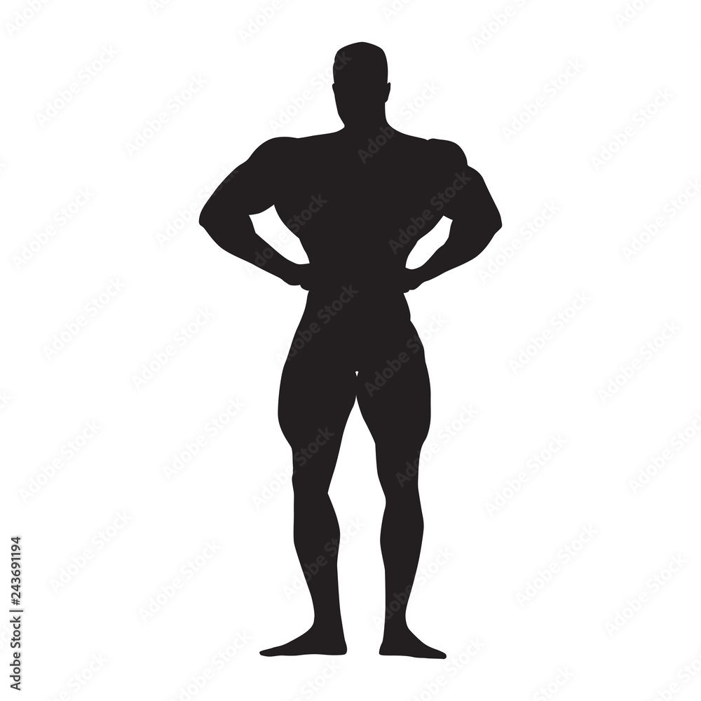 Bodybuilder posing, isolated vector silhouette Bodybuilder posing, isolated vector silhouette