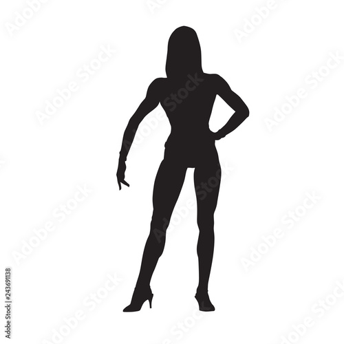 Fitness woman posing, isolated vector silhouette, front view