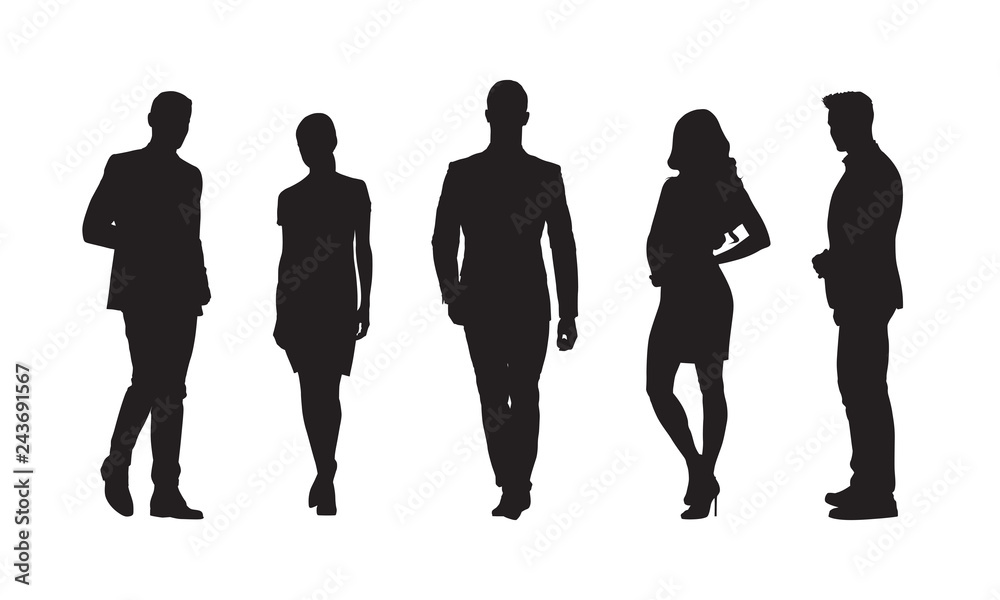 Businessmen and businesswomen, group of people in formal clothes. Set of isolated vector silhouettes - obrazy, fototapety, plakaty 
