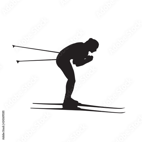 Cross country skier, skiing girl, isolated vector silhouette