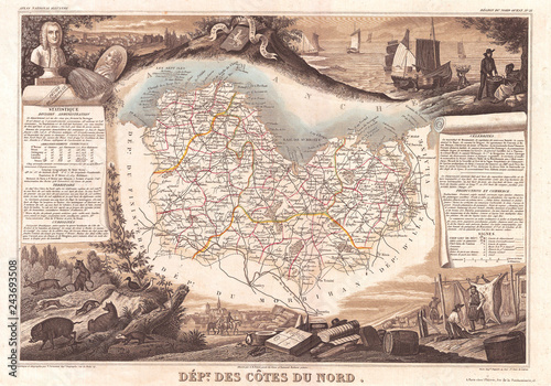 1852, Levasseur Map of the Department Cotes Du Nord, Brittany, France