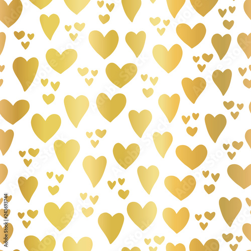 Gold foil Hearts on white background seamless vector pattern. Hand drawn hearts isolated. Shiny metallic hearts. Elegant, luxury design for Valentines day, kids, card, invitation, scrapbook, wedding