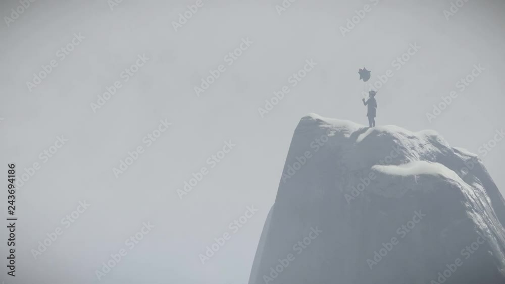 Abandoned little girl holding balloons on top of a mountain covered with snow, flying cam, 4K