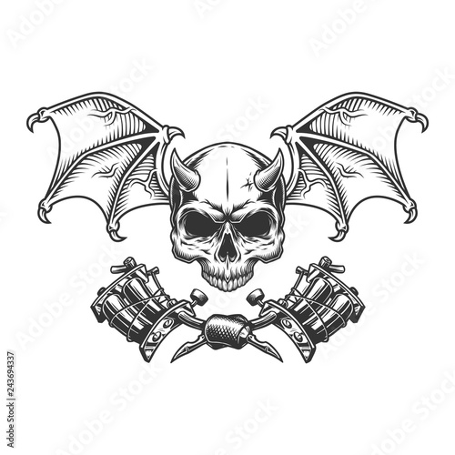 Vintage monochrome demon skull with wings