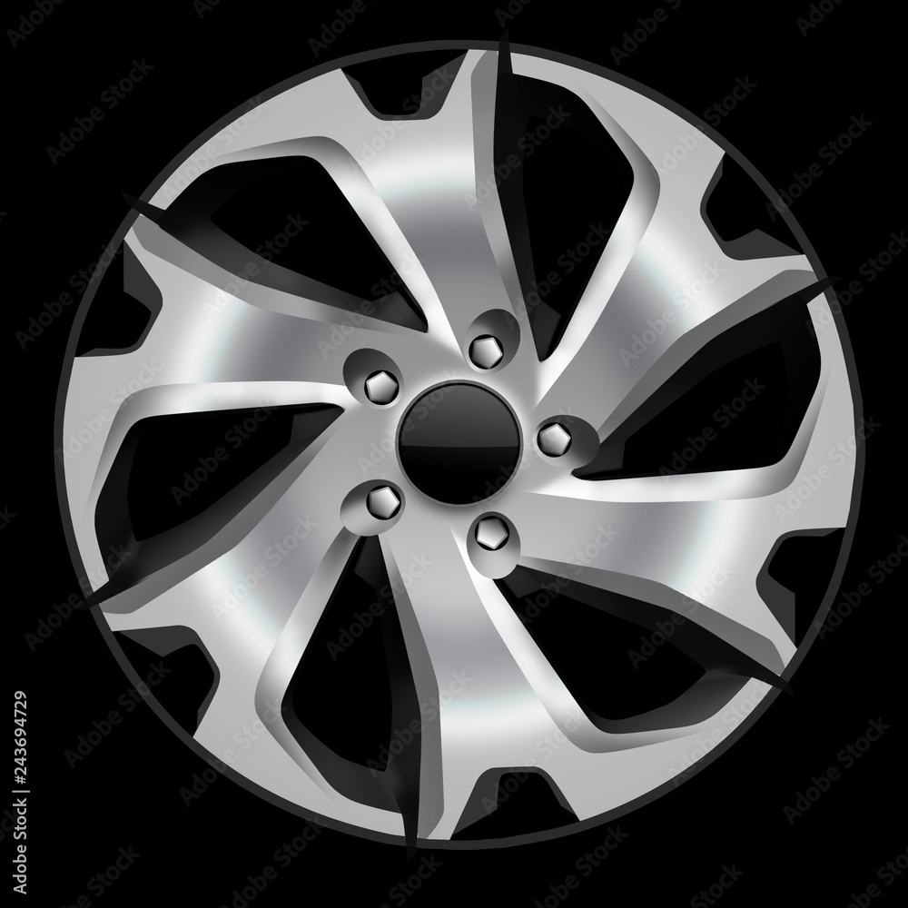 Design sketch of an alloy wheel in side view with black background.