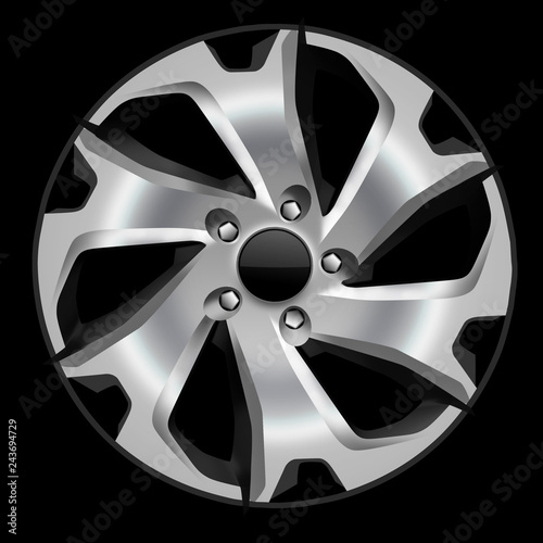 Design sketch of an alloy wheel in side view with black background.