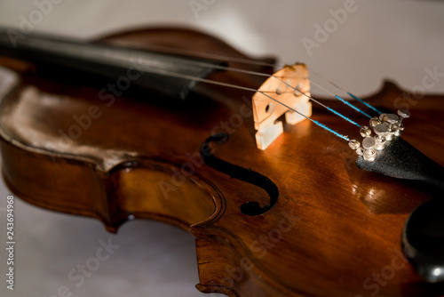 Close up of an old violin with selective focus and grey background