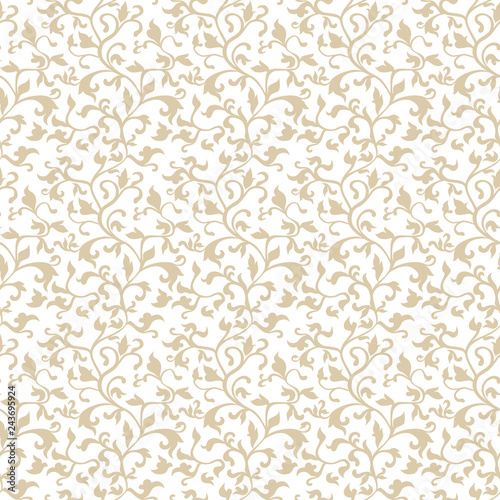 Seamless gold floral damask pattern. Wallpaper in the style of Baroque. Vector background. Gold and white texture. Floral ornament.