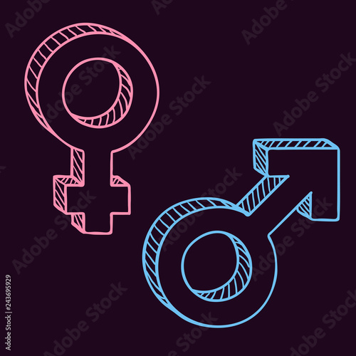 Vector Color Sketch Gender Symbols. Male and Female. Mars and Venus Signs on Black Background