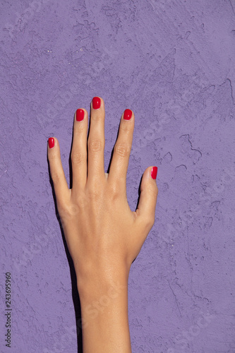Photography Hands with red nails on magenta background