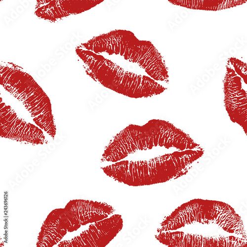 Vector woman red lipstick kiss prints seamless pattern. Red kisses for romantic  wedding and valentine backgrounds