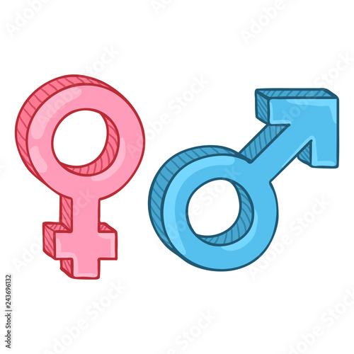 Vector Color Cartoon Gender Symbols. Blue Male and Pink Female Signs