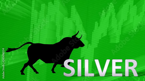 The price of the commodity silver is going up. Behind the word silver is a black bull silhouette with horns pointing to a green ascending chart in the background  symbolizing a bullish market.