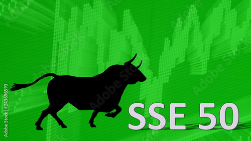 The China stock market index SSE 50 of Shanghai Stock Exchange is going up. Behind the word SSE 50 is a black bull silhouette with horns pointing to a green ascending chart  it's a bullish market.  © H-AB Photography