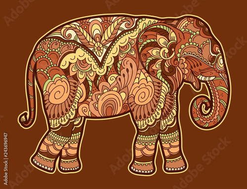 Drawing stylized elephant. Freehand sketch for adult anti stress coloring book