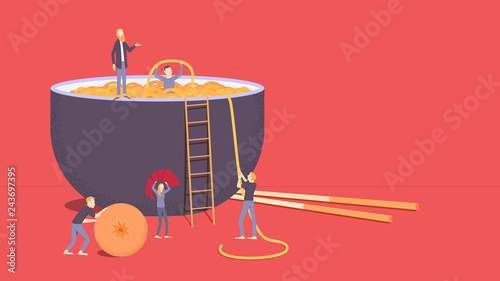 Bowl of noodles soup with chopsticks. Tiny people get noodles from the plate. Vector illustration