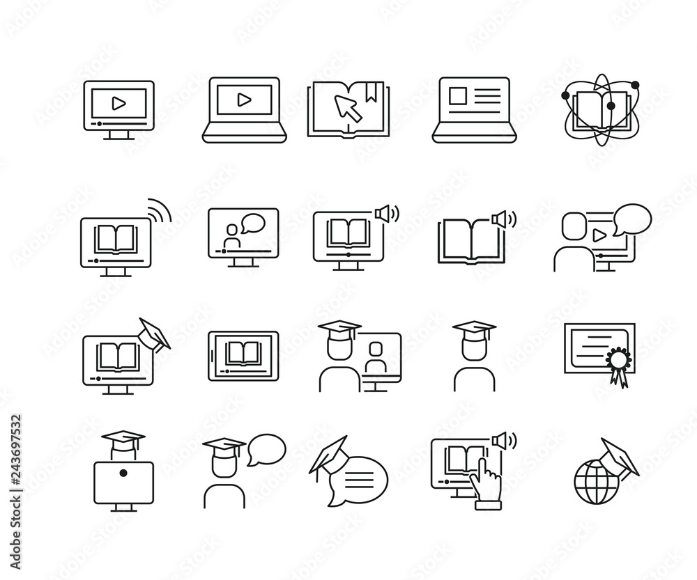 Simple Set of Online Education Related Vector Line Icons. Contains such Icons as e-bookl, audio book , teacher and more. Simple Set of Online Education Related Vector Line Icons. Contains such Icons as e-bookl, audio book , teacher and more.