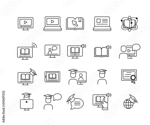 Simple Set of Online Education  Related Vector Line Icons. Contains such Icons as e-bookl, audio book , teacher and more.