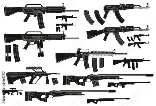 Graphic black and white detailed silhouette modern automatic assault and sniper rifles with ammo clip. Isolated on white background. Vector icon set.
