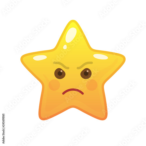 Angry star shaped comic emoticon. Enraged face with facial expression. Frenzied emoji symbol for internet chatting. Funny social communication animated character. Mood message isolated vector element