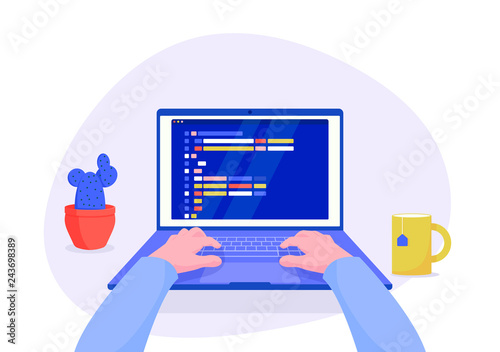 Man programmer working on computer with code on screen illustration. Programmer working writing code. 