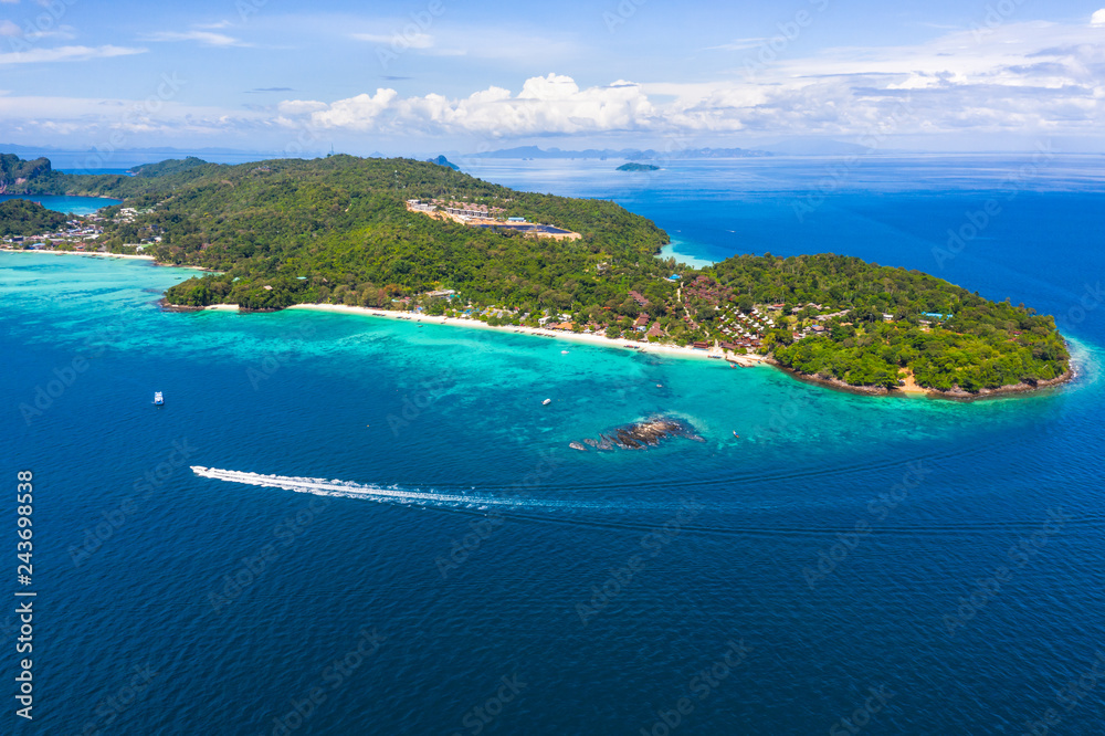 landscape aerial top view phi phi island kra bi Thailand hi season