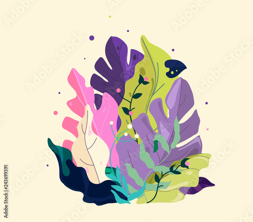 Fantastic bouquet with exotic leaves and plants. Gift card with colorful flowers in cartoon style.