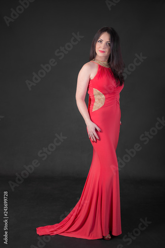 woman in a long red dress