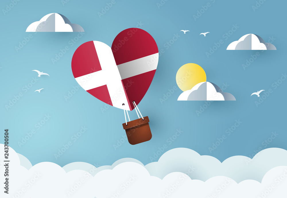 Heart air balloon with Flag of Denmark for independence day or something similar - obrazy, fototapety, plakaty 