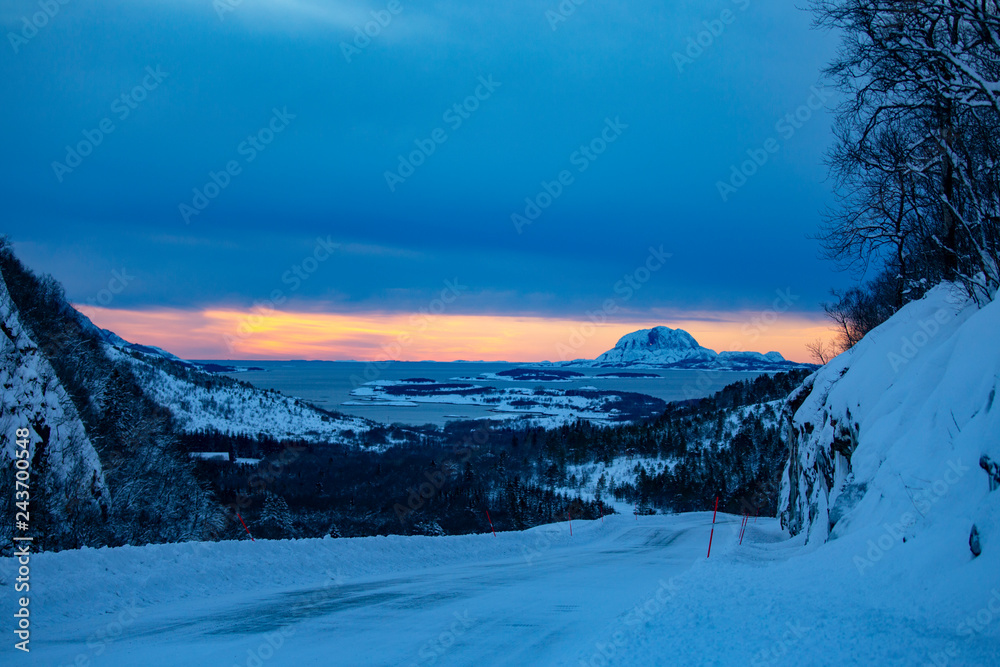 Fototapeta premium Sunset in the mountains, winter in Brønnøy municipality