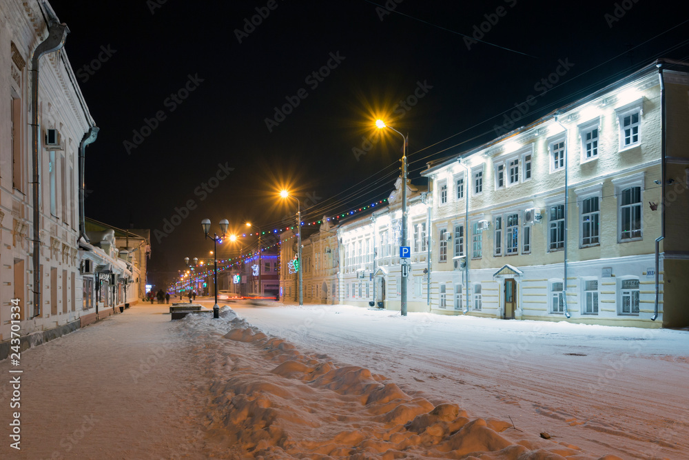 Night winter view of the Sovetsky prospect (Soviet avenue) in Veliky Ustyug, Vologda Region, Russia Night winter view of the Sovetsky prospect (Soviet avenue) in Veliky Ustyug, Vologda Region, Russia