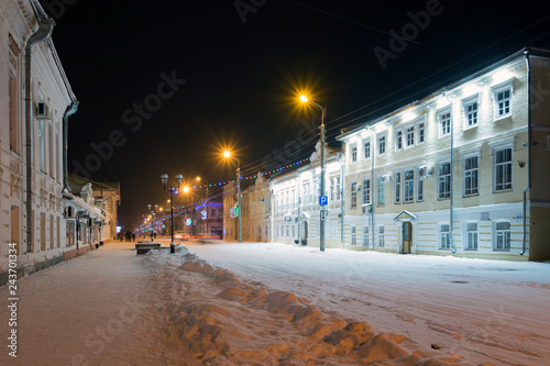 Night winter view of the Sovetsky prospect (Soviet avenue) in Veliky Ustyug, Vologda Region, Russia