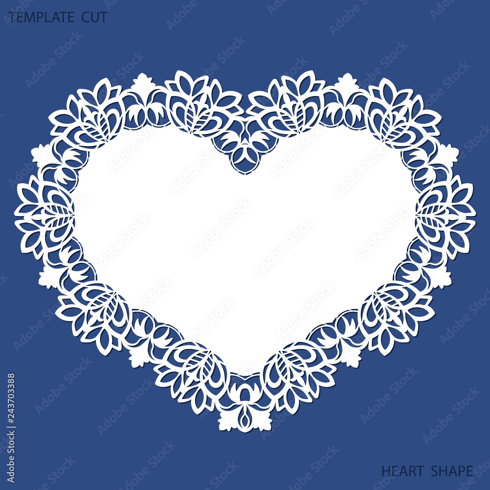 Greeting card with openwork border, paper doily under the cake, template for cutting in the form of heart, valentine card, wedding invitation, decorative plate is laser cut, vector illustrations. Greeting card with openwork border, paper doily under the cake, template for cutting in the form of heart, valentine card, wedding invitation, decorative plate is laser cut, vector illustrations.