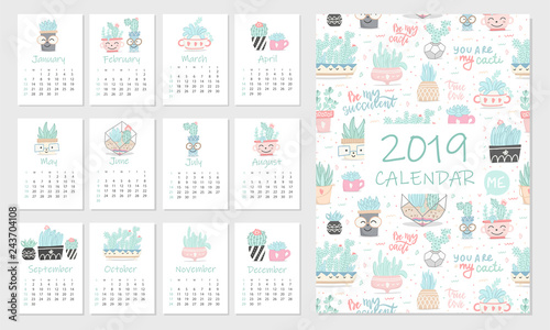 Calendar 2019. Set of cute hand 12 illustrations with succulents