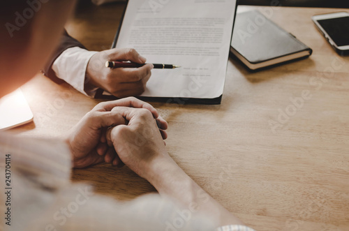 Fotografie legal consultants, notary or justice lawyer discussing contract document and not