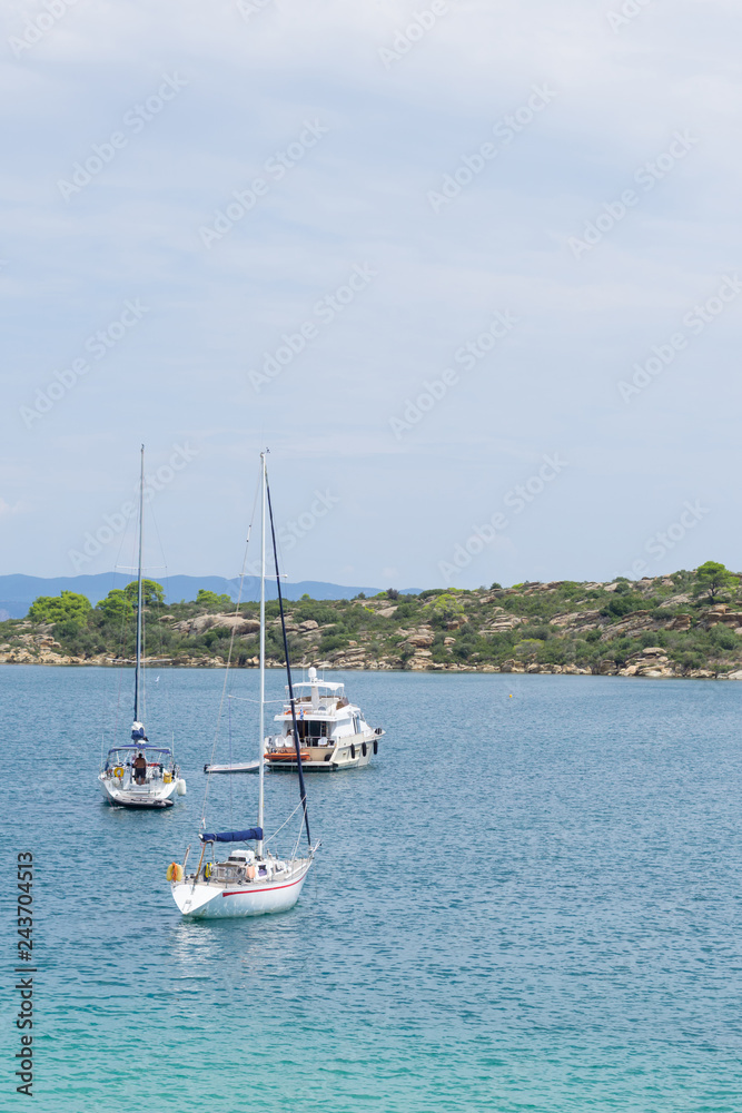 Sailboats anchored near the seashore in front of the rocks and vegetation
