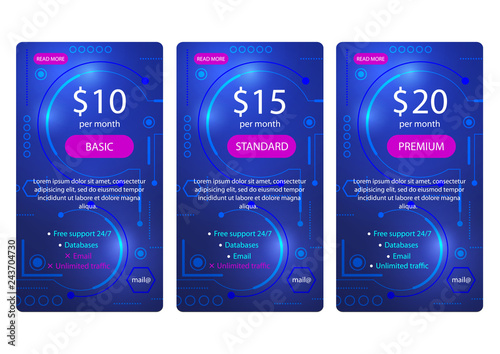 Three tariffs. interface for the site. Future technology banner .Pricing Table.