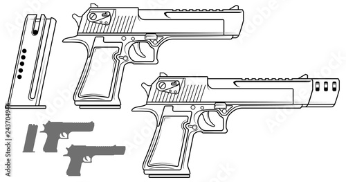 Graphic black and white detailed handgun pistol with ammo clip and silencer. Isolated on white background. Vector icon set. Vol. 3